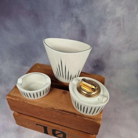 3 Teile Sgrafo Modern 50s Porzellan - Tischfeuerzeug - Aschenbecher - Vase