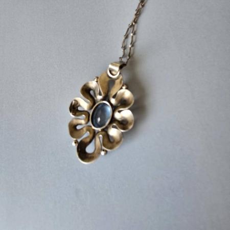 Preview: Vintage Silber Kette mit Anhänger - 835 Silber mit Aquamarin - Jugendstil