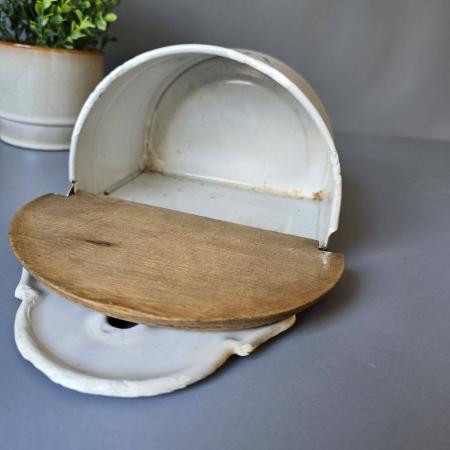 Emaille Wandbehälter „Mehl“ mit Holzdeckel, 1920er